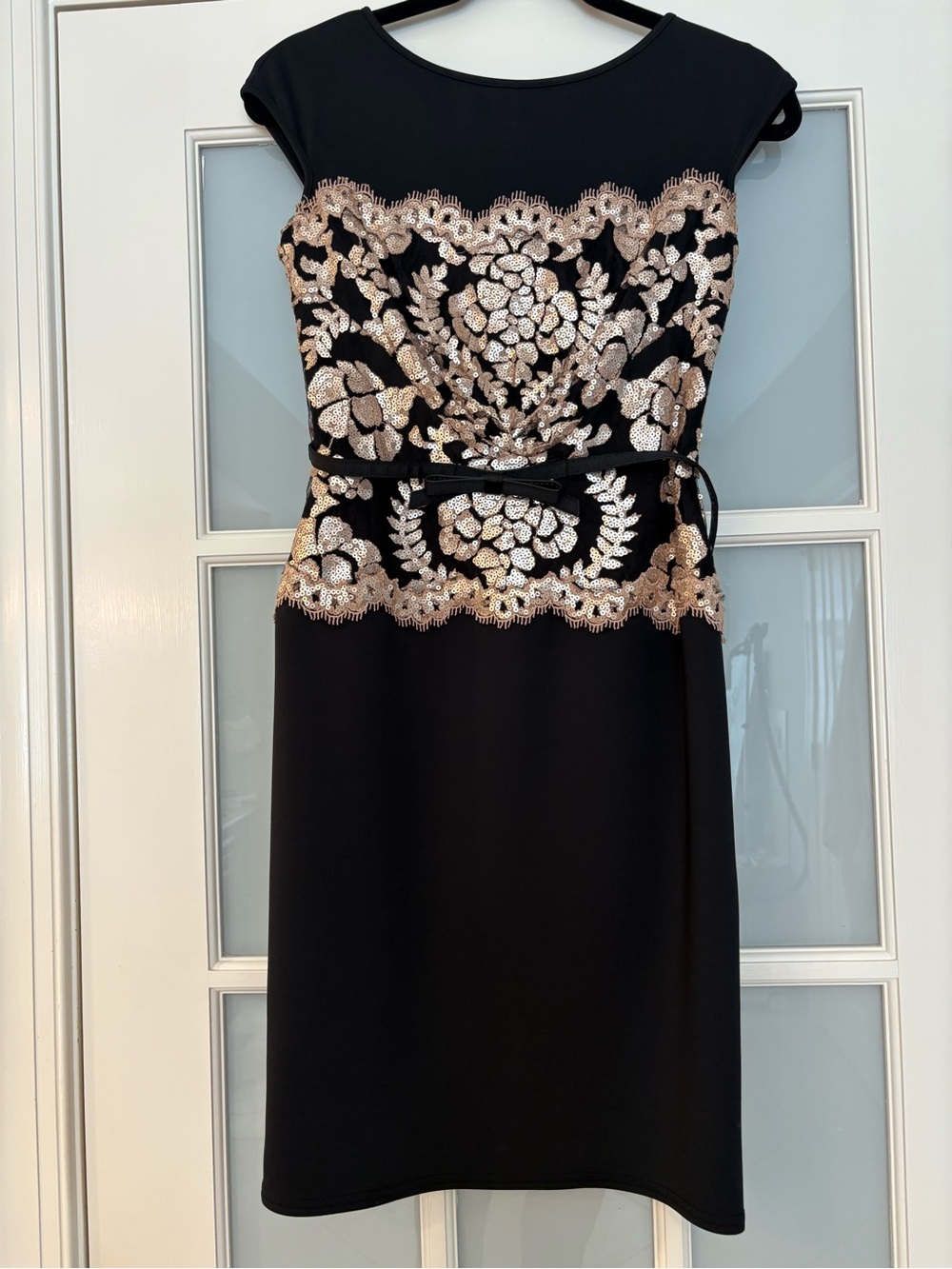 Tadashi Shoji Black Midi Dress with Champagne Lace Appliqué